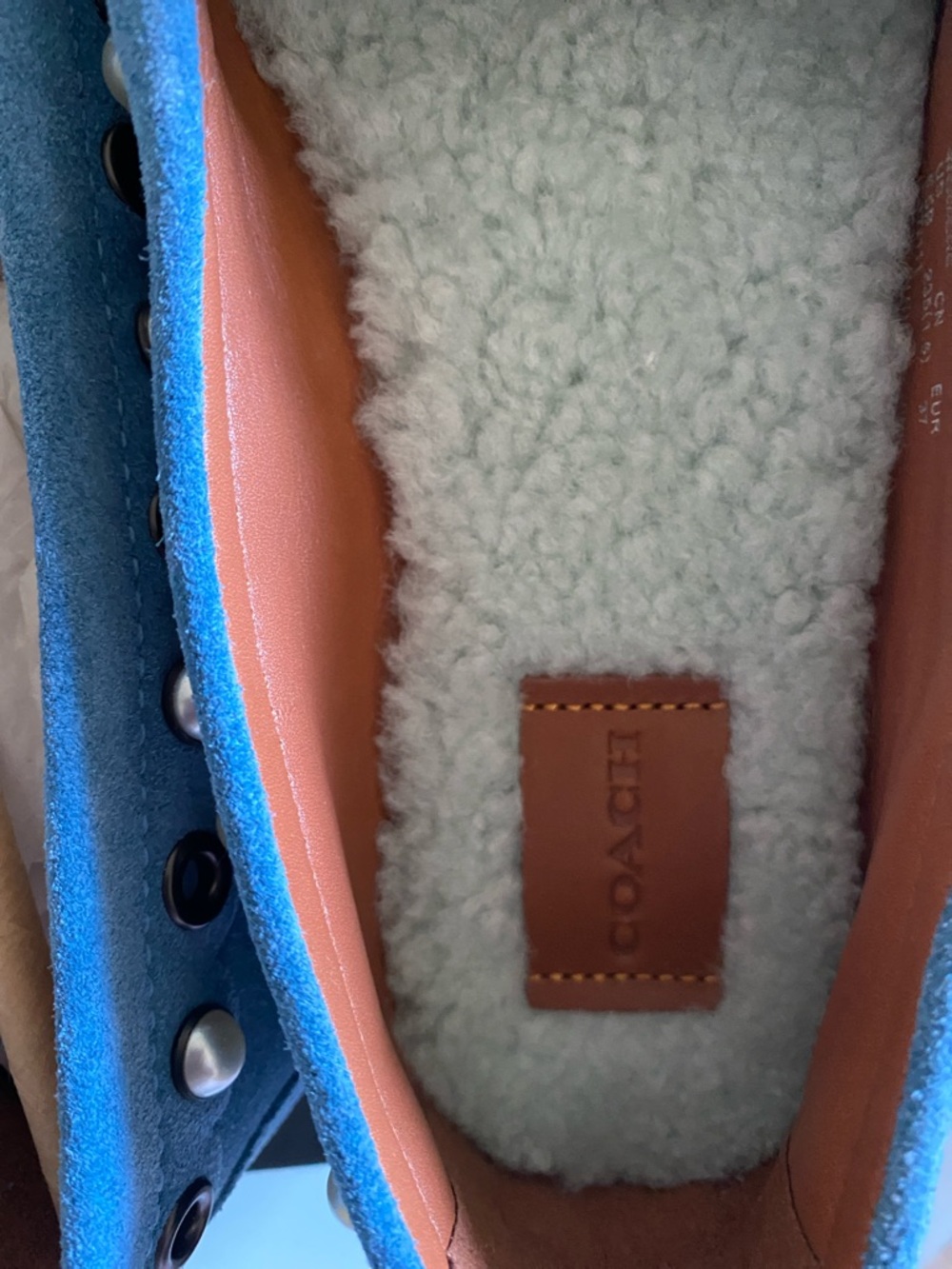 Coach Blue Suede Studded Pearl Trim Loafers - Picture 4 of 5